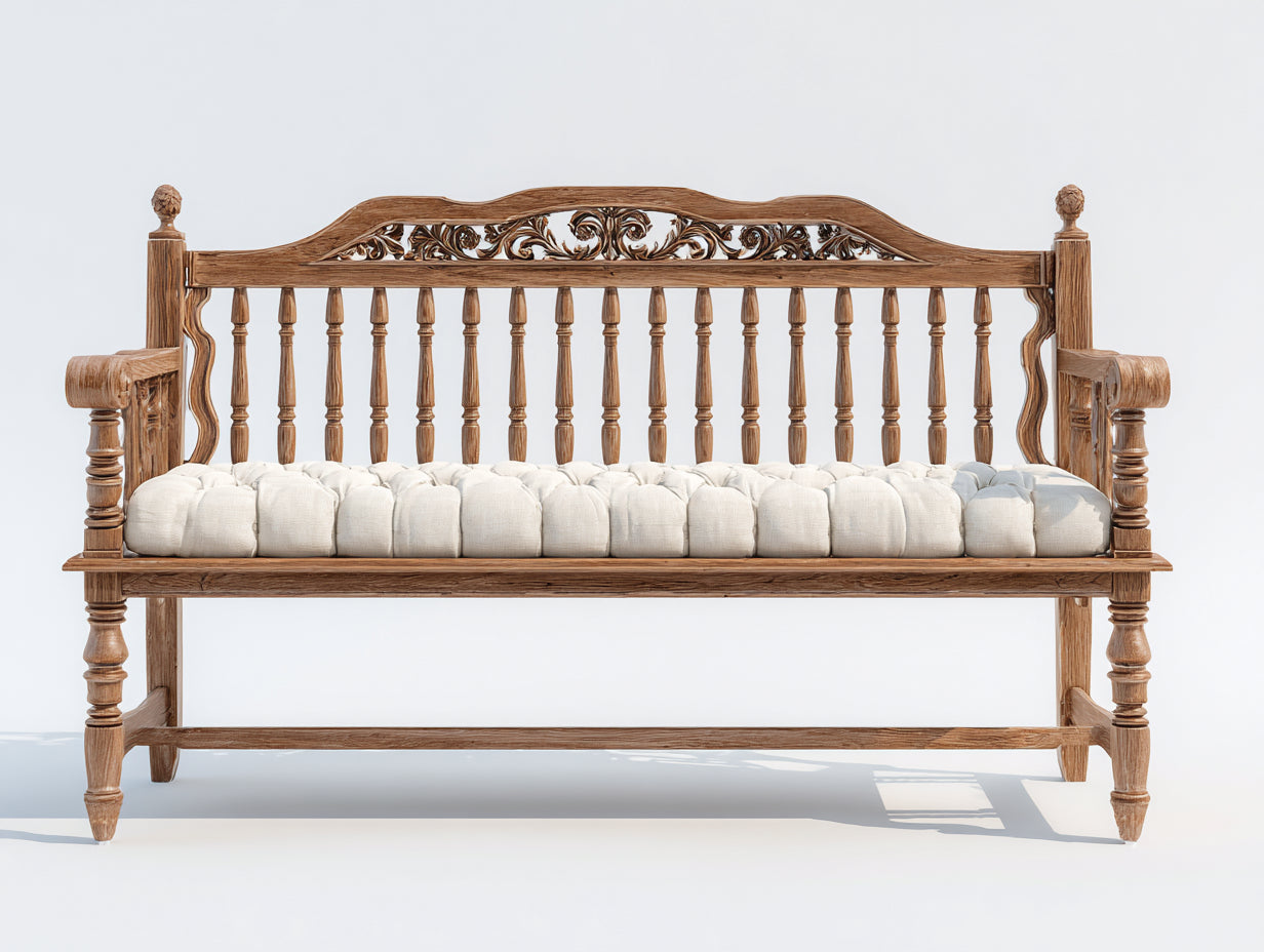 Panche da giardino - Legno massello-Tessuto - 192 x 69 x 101 cm - Naturale-Avorio - Stile ornamentale con schienale intagliato