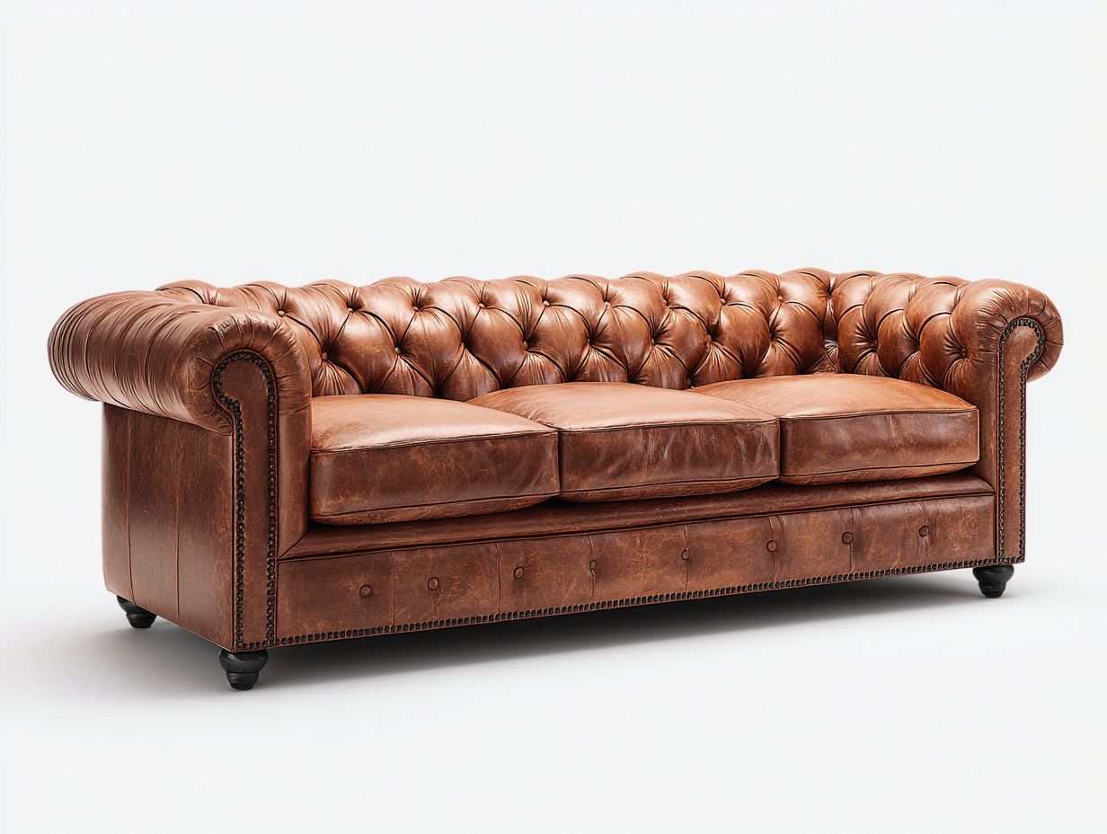 Divano lineare - pelle - 260x100x85 cm - marrone - stile Chesterfield classico