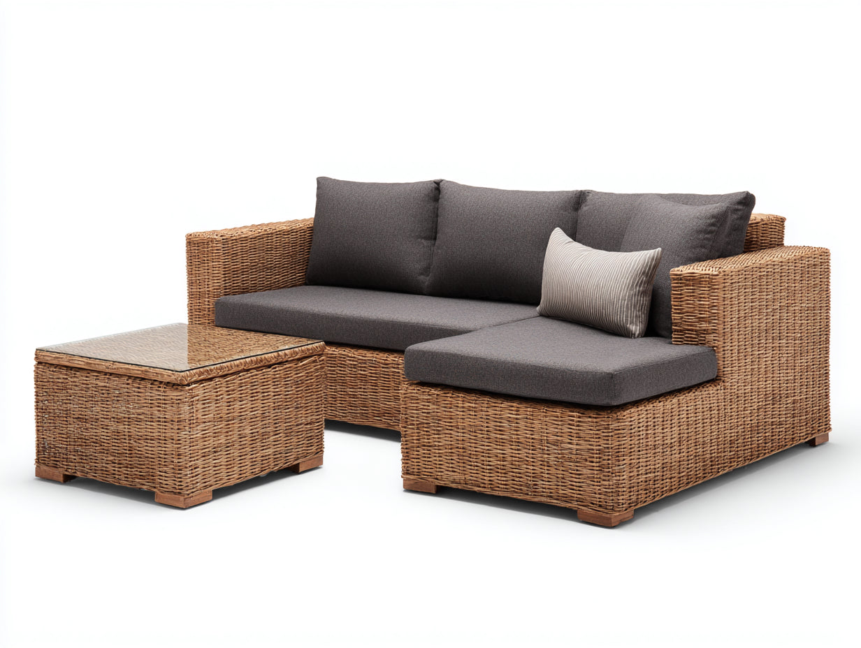 Divani da esterno - Rattan-Tessuto-Vetro - 224 x 162 x 84 cm - Naturale-Grigio-Trasparente - Stile moderno con chaise longue e tavolino