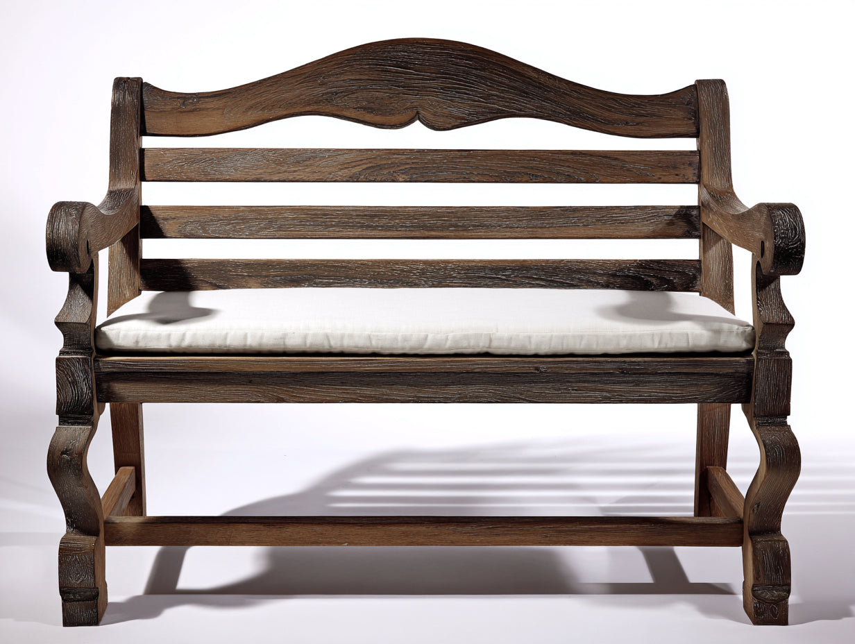 Panche da giardino - Legno massello-Tessuto - 154 x 64 x 92 cm - Marrone rustico-Avorio - Stile rustico con braccioli scolpiti