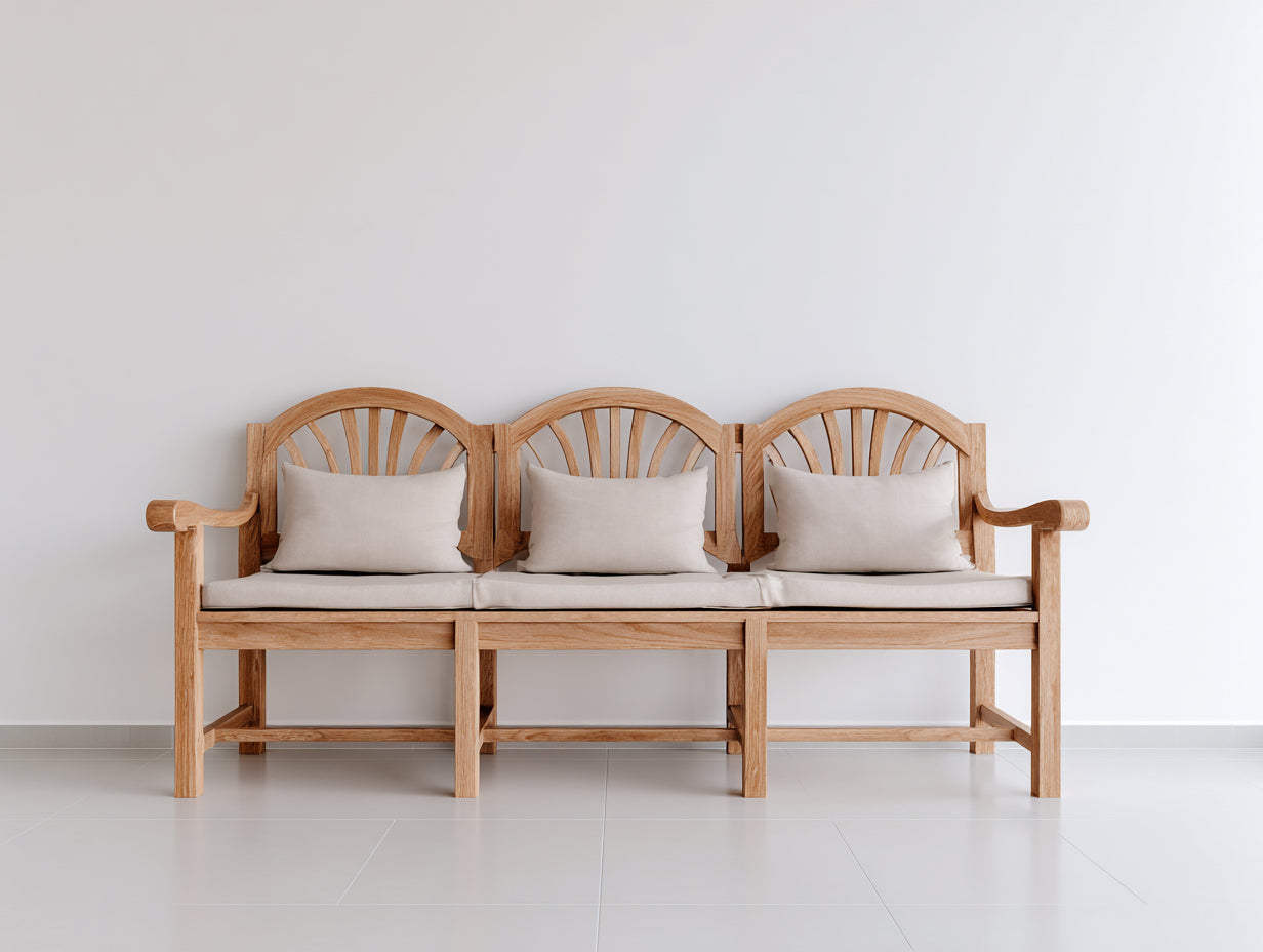 Panche da giardino - Legno di teak-Tessuto - 228 x 68 x 101 cm - Naturale-Beige - Stile mediterraneo con schienale a ventaglio