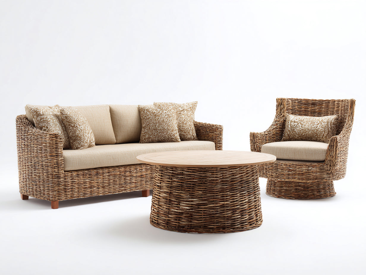 Divani da esterno - Rattan-Tessuto-Legno - 198 x 88 x 82 cm - Marrone-Beige - Stile naturale con tavolino rotondo