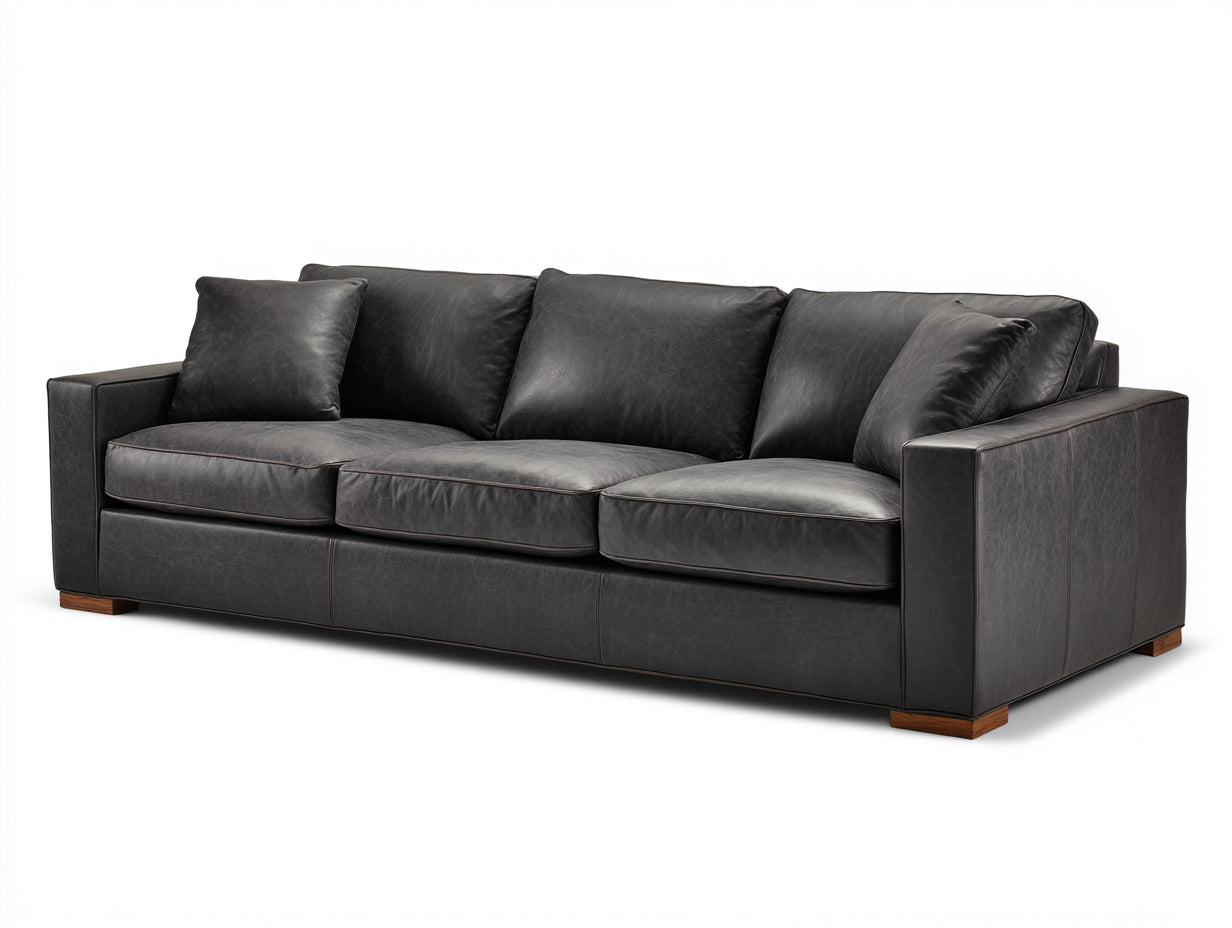 Divano lineare - pelle-legno - 280x105x90 cm - grigio scuro - stile moderno