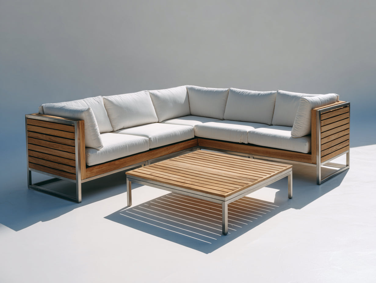 Divani da esterno - Legno di acacia-Acciaio-Tessuto - 245 x 245 x 78 cm - Naturale-Bianco-Argento - Stile moderno con tavolino