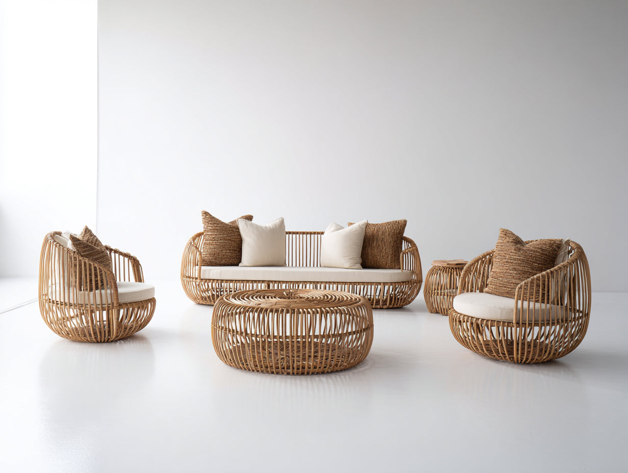 Divani da esterno - Rattan-Tessuto - 218 x 91 x 79 cm - Naturale-Bianco - Stile boho con tavolini rotondi